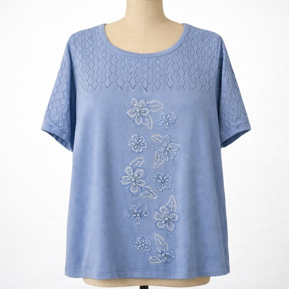 Vintage Y2K Pointelle Beaded Top Size XL Blue Floral Embroidered Preppy Granny